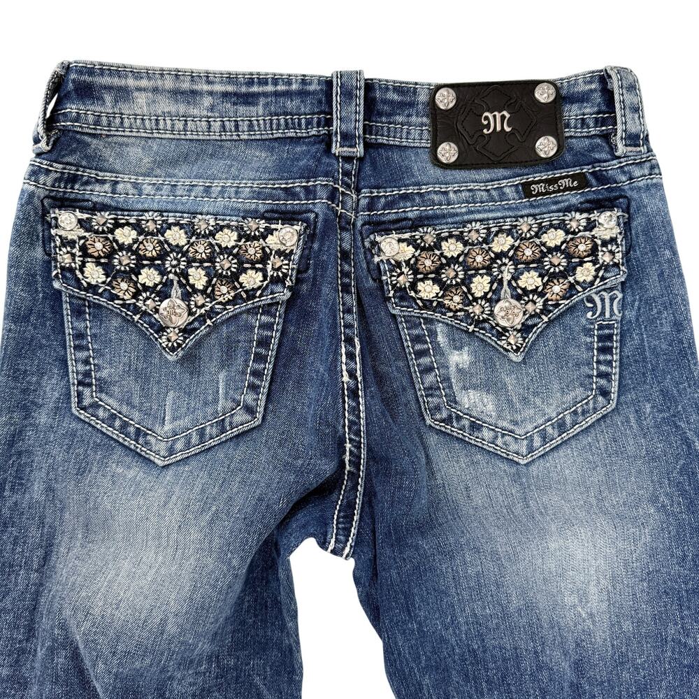 Miss Me Womens Jeans Sz 28 Floral Bling Rhinestone Mid Rise Bootcut MP7503B